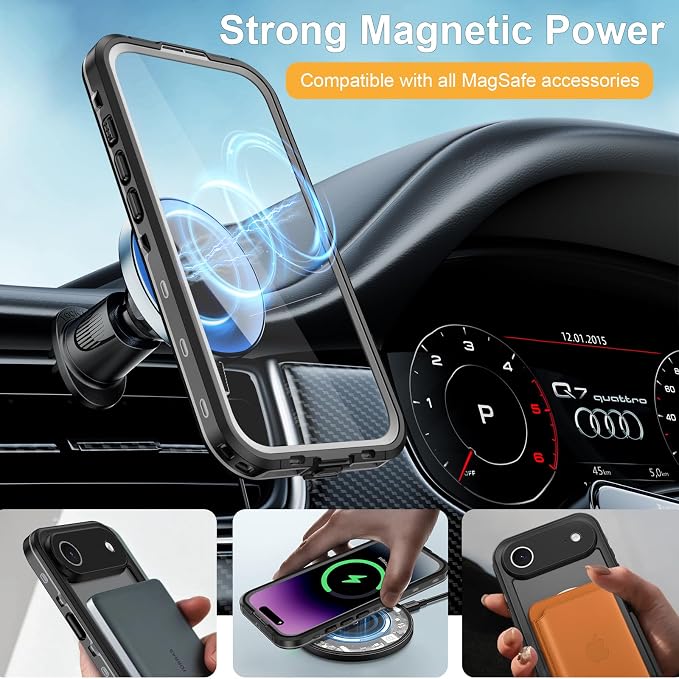 Beasyjoy Magnetic for iPhone Air Case, IP68 Waterproof Shockproof Case, Built-in Screen & Full Body Protection, Heavy Duty Rugged 12 FT Military Dropproof Cover with Lanyard for Outdoor, 6.5’’ Black