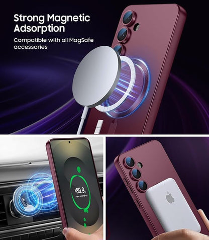 Magnetic for Samsung Galaxy S25 FE Case [Compatible with MagSafe][Built-in Camera Lens Protector] Slim Soft Silicone Bumper Shockproof Metallic Luster Phone Case, Burgundy