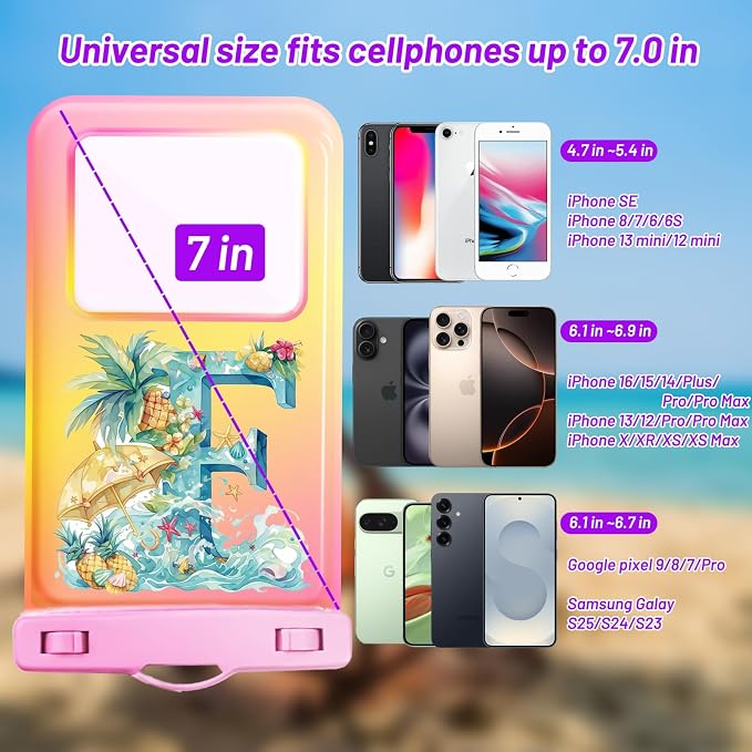 Personalized Initial Waterproof Phone Pouch Case - IPX8 Cellphone Dry Bag with Lanyard for iPhone 16/15/14/13/12 Pro Max (6.1–6.9"), Beach & Cruise Ship Essentials with Monogrammed Design (Pink, F)