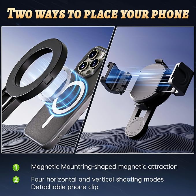 Magnetic Selfie Stick Tripod with 2 Selfie Light, Phone Tripod, Portable Pocket Size Selfie Stick with Rechargeable Remote and Metal Ring, Compatible with iPhone/Android for Photo/Video