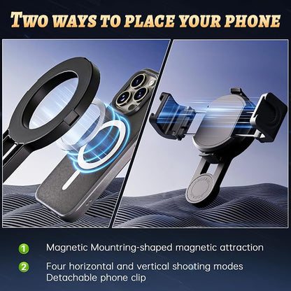 Magnetic Selfie Stick Tripod with 2 Selfie Light, Phone Tripod, Portable Pocket Size Selfie Stick with Rechargeable Remote and Metal Ring, Compatible with iPhone/Android for Photo/Video