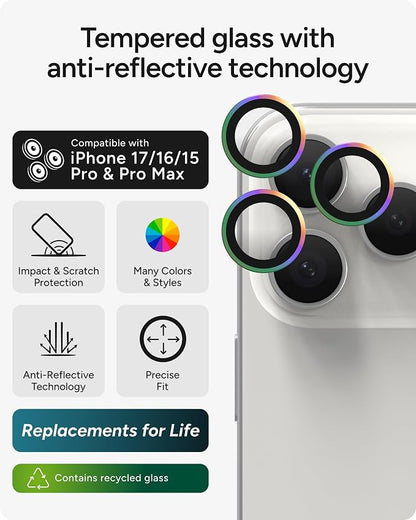 ZAGG iPhone Camera Lens Protector for iPhone 17/16/15 Pro and Pro Max Models - Iridescent, Camera Ring, Maximum Impact & Scratch Protection, Anti-Reflective Technology, Smudge-Resistant, Glass Elite