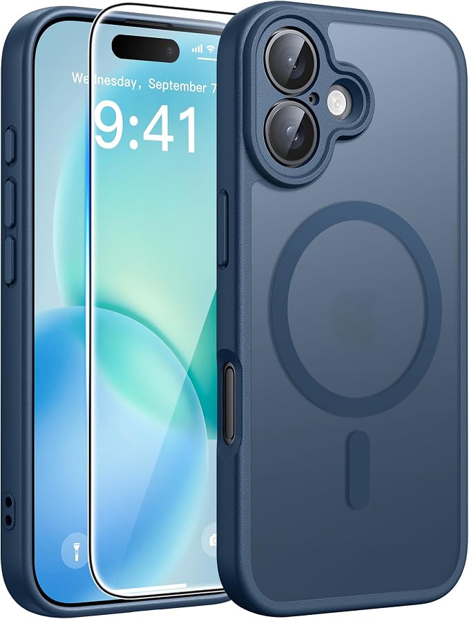 FNTCASE for iPhone 16 Case [Compatible with Magsafe] Translucent Matte Cases with [Screen Protector] Military Grade Shockproof Protective Phone Cover - Blue