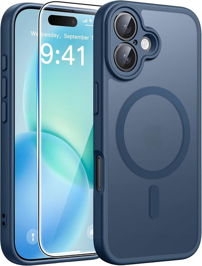 FNTCASE for iPhone 16 Case [Compatible with Magsafe] Translucent Matte Cases with [Screen Protector] Military Grade Shockproof Protective Phone Cover - Blue