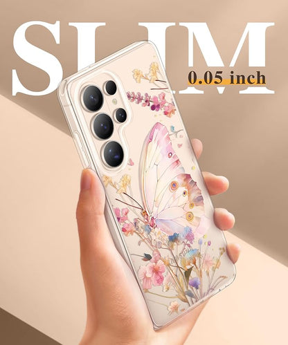 GVIEWIN for Samsung Galaxy S26 Ultra Case, Clear Floral Slim Shockproof Protective Women Phone Case, Non-Yellowing, with Screen Protector & Camera Lens Protector for S26 Ultra 6.9", Magic Butterfly