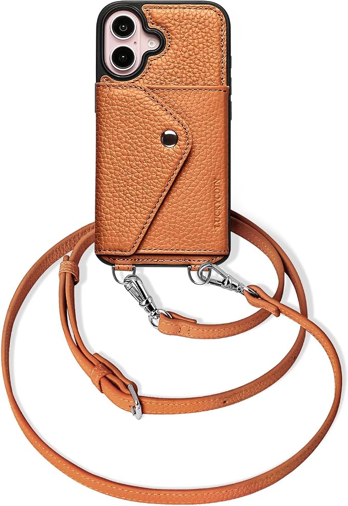 LUCKYCOIN for iPhone 16 Crossbody Wallet Case – Genuine Leather Phone Purse with Adjustable Strap and Card Holder,Lanyard Phone Purse Case for Women,Pebble Grain Brown