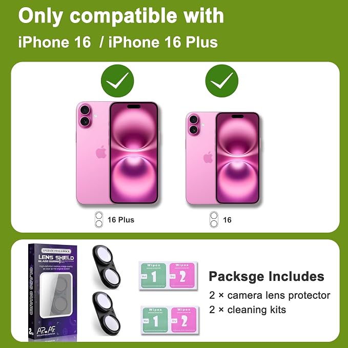 2-Pack Shatterproof Camera Lens Protector for iPhone 16/16 Plus |AR Tempered Glass Strong Adsorption Metal Camera Cover Screen(Black)