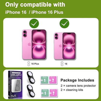 2-Pack Shatterproof Camera Lens Protector for iPhone 16/16 Plus |AR Tempered Glass Strong Adsorption Metal Camera Cover Screen(Black)