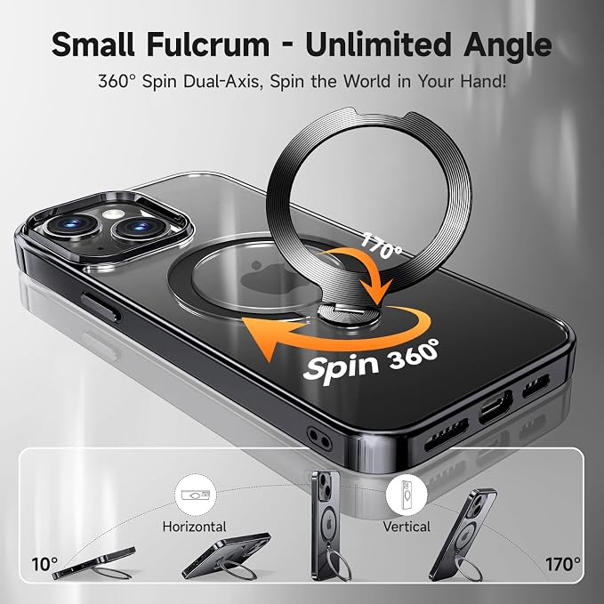 [Tri-Shield Protection] for iPhone 13/14 Case with 360° Spin Stand Compatible with MagSafe [Magnetic CD Ring] [Screen & Camera Lens Protector] Shockproof Plating Never-Yellowing, Black-6.1"