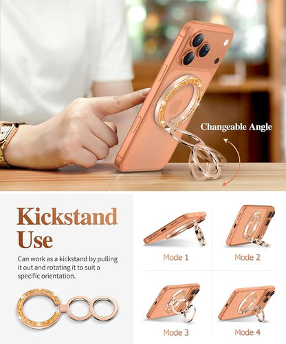 GVIEWIN Magnetic Phone Ring Holder, Compatible with MagSafe Phone Grip with Adjustable Stand, Magnet Phone Ring Kickstand for iPhone 17/16/15/14/13/12 Pro Max Plus Air/Other Phones (Glitter/Orange)