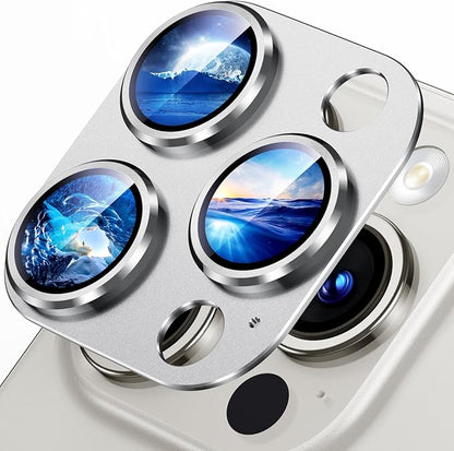 Uyiton Compatible with iPhone 15 Pro/iPhone 15 Pro Max Camera Lens Protector, [Not Easy to Break][Strong Adsorption][Case-Friendly] Metal Tempered Glass Rear Camera Screen Cover - Silver White