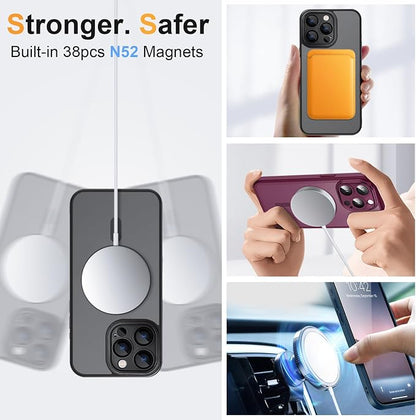 ROYBENS for iPhone 14 Matte Clear Case Compatible with Magsafe, Full Camera Lens Protection, Screen Protector, Wrist Strap, Translucent Magnetic Slim Hard Protective Phone Cover, Wine-Red