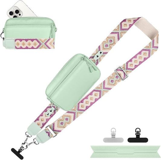YFWE Clip and Go Strap for Phone with Wallet Crossbody, Adjustable Phone Lanyard with Detachable RFID Wristlet Wallet, Pattern Strap - Green (L)