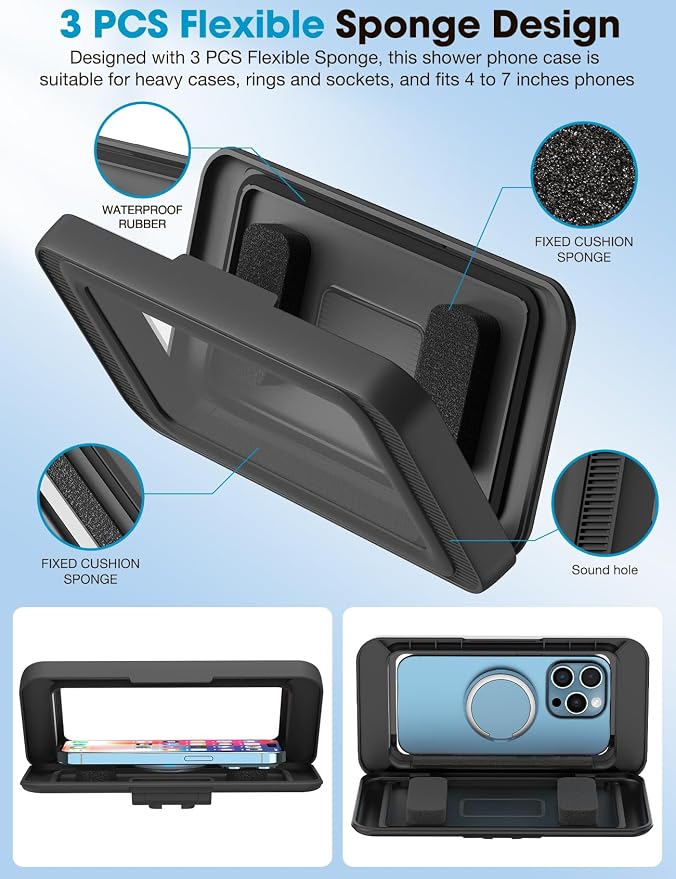 KUNSLUCK Shower Phone Holder Waterproof, 480°Rotation Shower Phone Case, Wall Phone Mount Stand with Original Sound Quality for Bathroom Wall Mirror Bathtub Kitchen, Compatible with 4-7" Phones