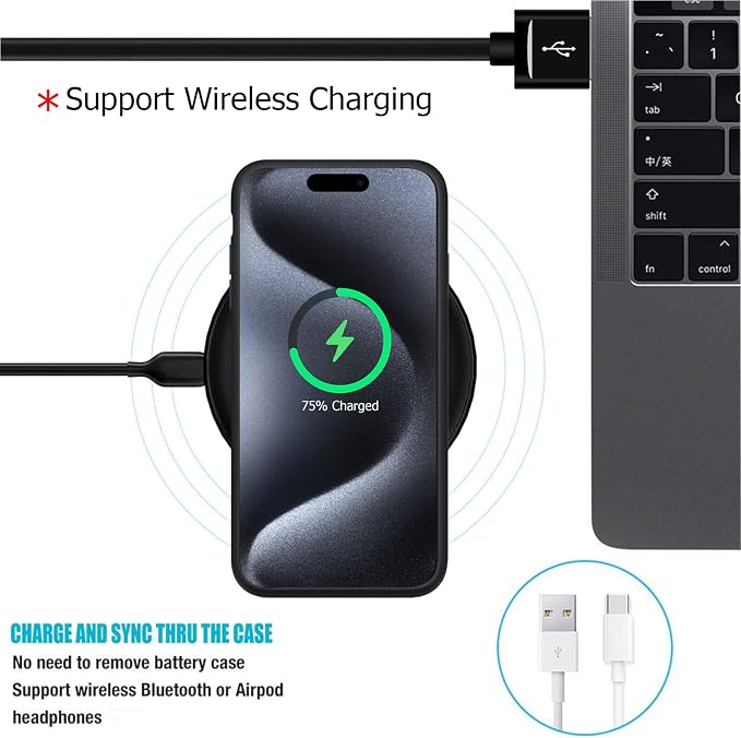 Battery Case for iPhone 15 Pro, Full Encircle 10000mAh High Capacity Rechargeable Portable Charger Case Extended Battery Pack for iPhone 15 Pro (6.1 inch) Wireless Charging Cover with Carplay-Black