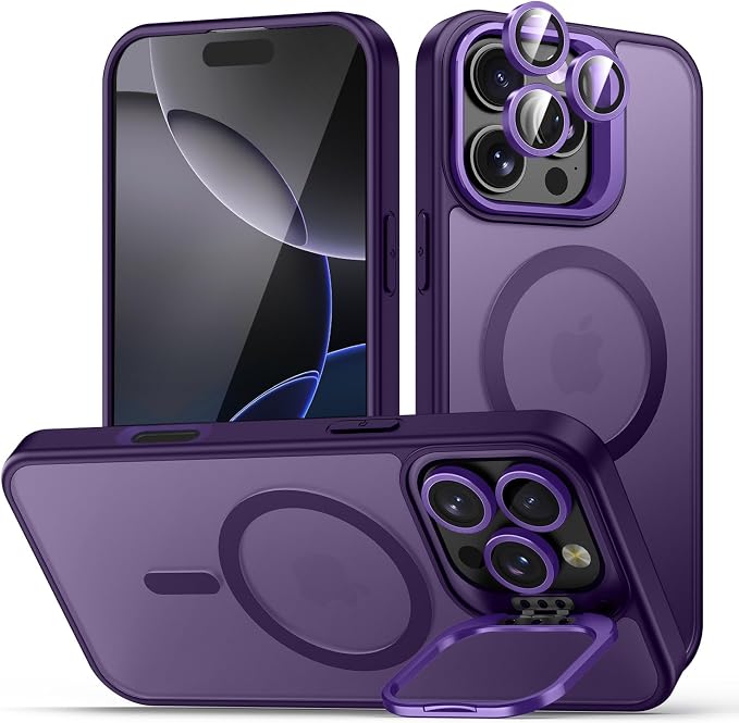 for iPhone 16 Pro Max Case, Compatible with MagSafe, Built-in Camera Ring Stand, with Individual Camera Cover, Translucent Matte Military-Grade Drop Protection Magnetic Case, Purple