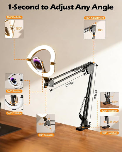 CloudValley Overhead Phone Mount with 10" Ring Light, 5000mAh Magnetic Desktop Tripod with Battery Display, Foldable Portable LED Light with 3 Modes & 10-Level Brightness for Makeup, Selfies, TikTok