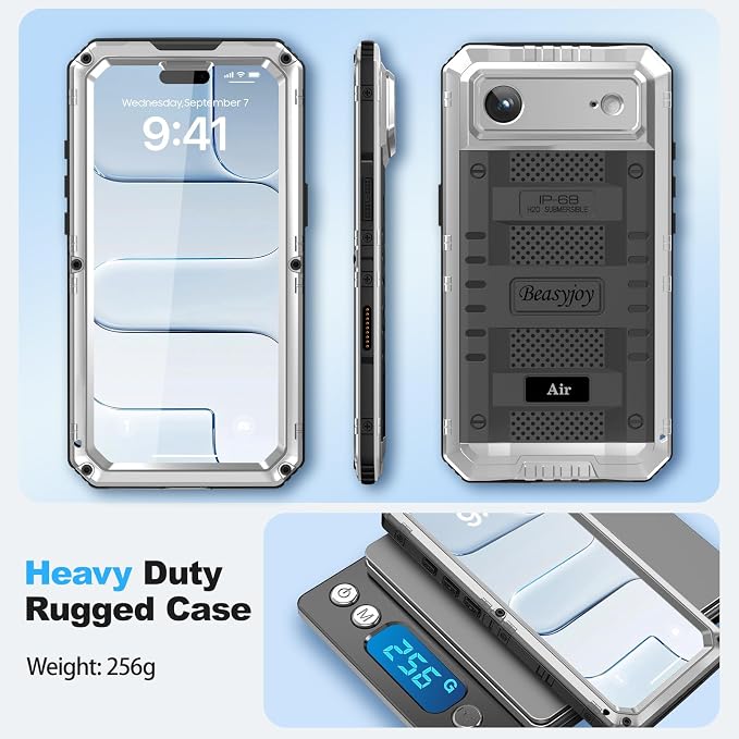 Beasyjoy for iPhone Air Case Waterproof, Heavy Duty Metal Full Body Protection, Built-in Screen Protector, Military Grade Shockproof Rugged Hard Phone Cover for iPhone 17 Air 6.5", Silver