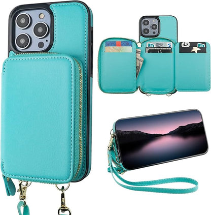 Bocasal RFID Blocking Wallet Case for iPhone 14 Pro Max, Adjustable Crossbody Zipper Purse with Kickstand and Detachable Wrist Strap, PU Leather Flip Folio Case 6.7 Inch 5G (Mint Green)