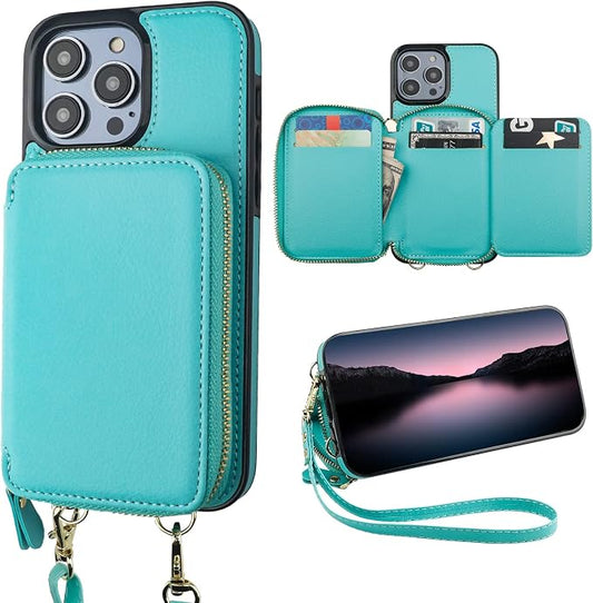 Bocasal RFID Blocking Wallet Case for iPhone 14 Pro Max, Adjustable Crossbody Zipper Purse with Kickstand and Detachable Wrist Strap, PU Leather Flip Folio Case 6.7 Inch 5G (Mint Green)