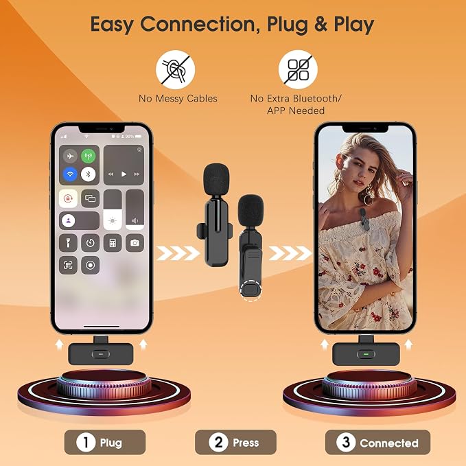 MAYBESTA Wireless Lavalier Microphone for iPhone, iPad, Android - Bluetooth Lapel Phone Mic for Video Recording - Mini Clip on Microphones for YouTube Podcast Interview(2-IN-1 Port)