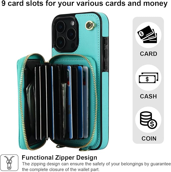 Bocasal Crossbody Wallet Case for iPhone 16 Pro Max, RFID Blocking Leather Purse Case with Card Holder, Protective Handbag Flip Cover with Zipper Wrist Strap Lanyard for Women 5G 6.9 Inch (Mint Green)