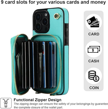 Bocasal Crossbody Wallet Case for iPhone 16 Pro Max, RFID Blocking Leather Purse Case with Card Holder, Protective Handbag Flip Cover with Zipper Wrist Strap Lanyard for Women 5G 6.9 Inch (Mint Green)