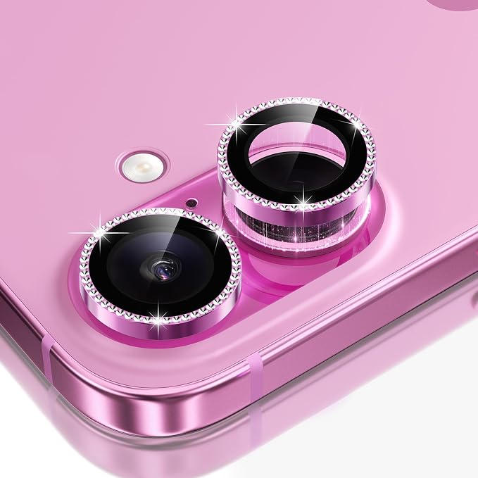 GolbinBox Camera Lens Protector for iPhone 17/16/16 Plus, 1:1 Invisible Fit, 9H Tempered Glass Ultra HD Metal Individual Camera Cover for Women, Case Friendly, Bling/Hot Pink