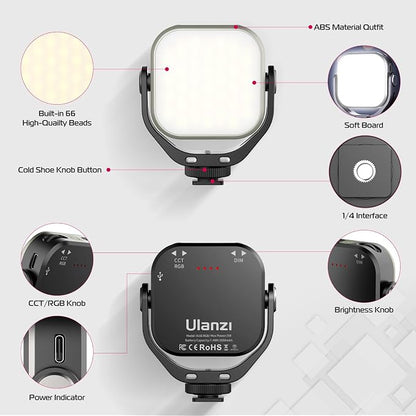 ULANZI VL66 RGB Adjustable Rechargeable 2500-6500K - Mini Video Portable Light on Camera, 2000mAh CRI95+ Dimmable, Ultra Bright Photo and Video Lighting, LED Fill Lamp for DSLR Camcorder Action Camera