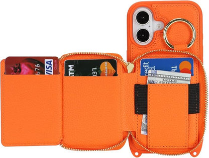 Crossbody Wallet Case for iPhone 17, PU Leather Zipper Handbag Purse Flip Cover, Kickstand Folio Case with Card Slots Holder Wrist Strap Lanyard 5G 6.3 Inch-Orange