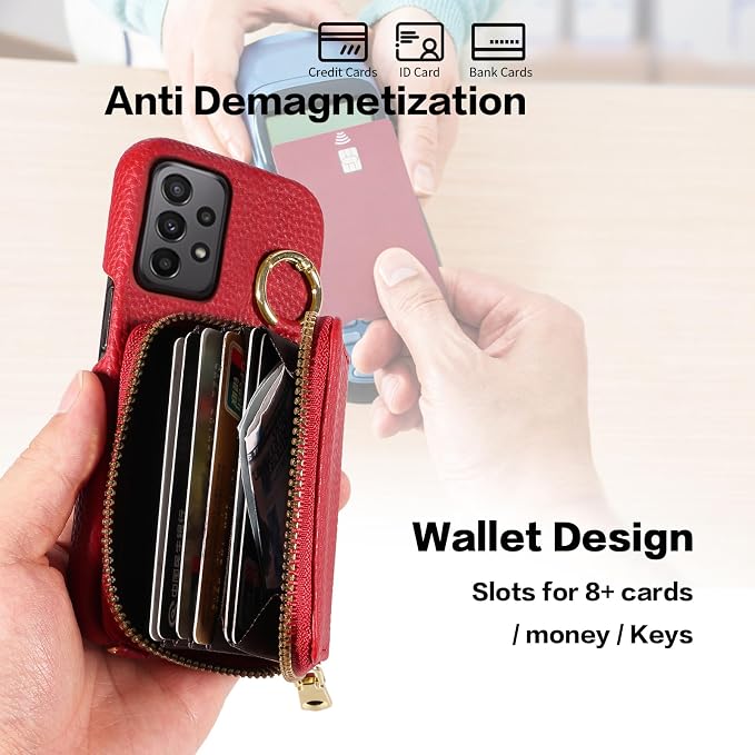 Wallet Case for Samsung Galaxy A73 5G with Shoulder Strap Ring Buckle, Luxury PU Leather Zipper Flip Organ Purse, Credit Card Holder Stand Full Body Cell Phone Cover for A 73 Women Men Red