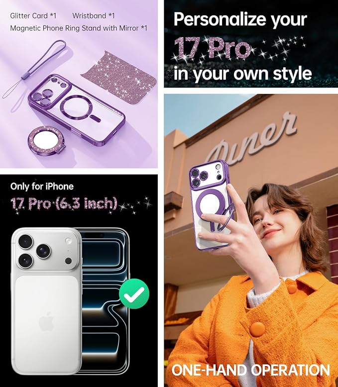 Meifigno Designed for iPhone 17 Pro Magnetic Case with Removable Phone Ring Stand, [Glitter Card & Wrist Strap] [MagSafe Compatible] [Built-in Mirror] Phone Ring Stand + Phone Case Kit, Purple