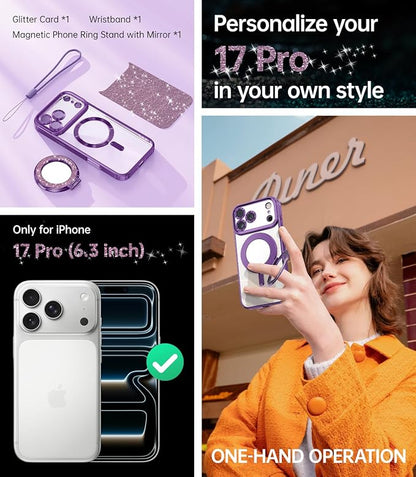 Meifigno Designed for iPhone 17 Pro Magnetic Case with Removable Phone Ring Stand, [Glitter Card & Wrist Strap] [MagSafe Compatible] [Built-in Mirror] Phone Ring Stand + Phone Case Kit, Purple