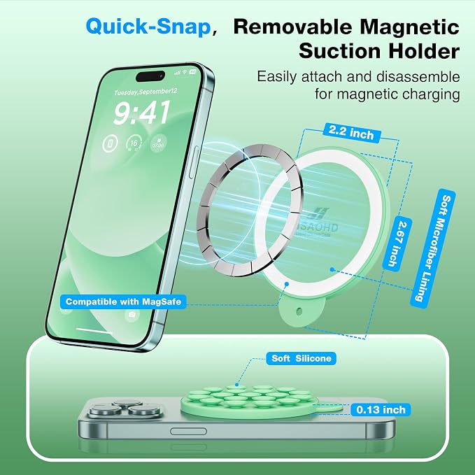 Magnetic Suction Cup Phone Mount, Compatible with MagSafe, Silicone Octo Cup Buddy Sticky Grip Holder for iPhone and Android, Removable Hands-Free Selfie/Video for TikTok, Spearmint Green