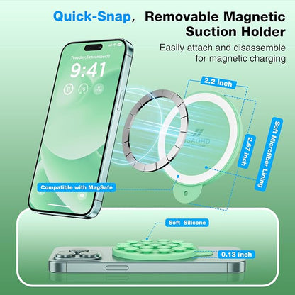 Magnetic Suction Cup Phone Mount, Compatible with MagSafe, Silicone Octo Cup Buddy Sticky Grip Holder for iPhone and Android, Removable Hands-Free Selfie/Video for TikTok, Spearmint Green