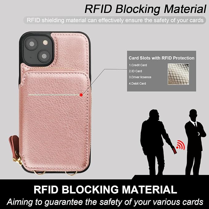 Bocasal RFID Blocking Wallet Case for iPhone 14 Plus, Adjustable Crossbody Zipper Purse Case Card Holder with Kickstand Detachable Wrist Strap, PU Leather Flip Folio Case 6.7 Inch 5G (Rose Gold)