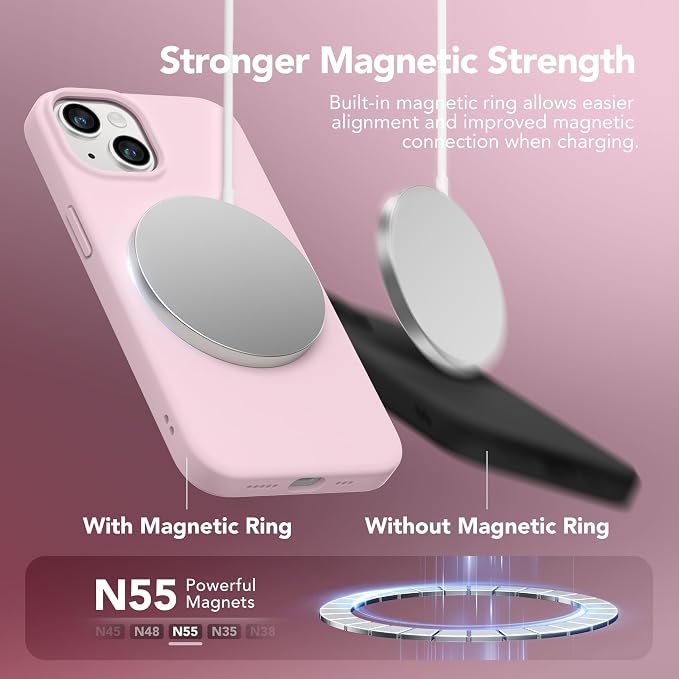 GONEZ Magnetic for iPhone 14 Case, Compatible with Magsafe, with Screen Protector + Camera Protector, Anti-Scratch Microfiber Lining, Liquid Silicone Shockproof Protective Phone Case, Pastel Pink