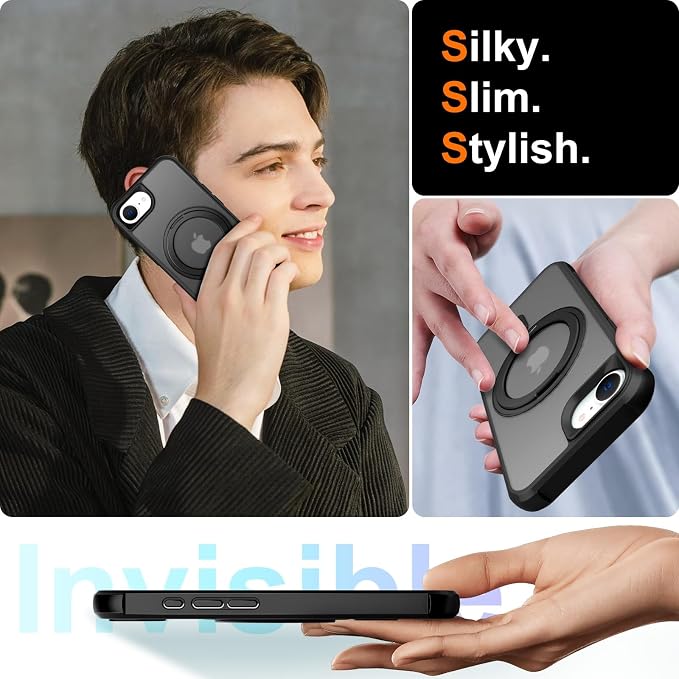 360° Magnetic Swivel Ring for iPhone 16E & 17E Case, Built-in Metal Stand and Ring Holder, Magsafe Compatible, Military Grade Protection, Shock Resistant - Black