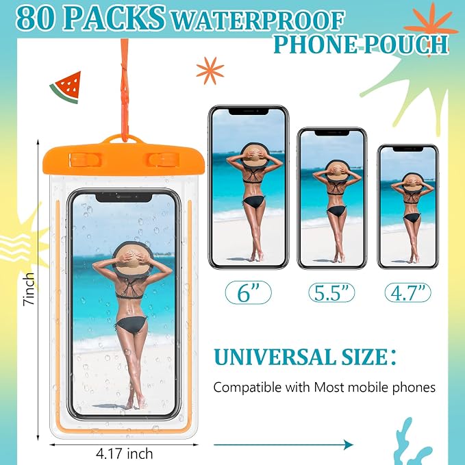Abbylike 80 Pcs Universal Waterproof Phone Pouch Multicolor Waterproof Phone Case Dry Bag with Lanyard Glow in The Dark Outdoor Swimming Snorkeling Bag Beach Travel Must Haves for Smartphone up to 7''