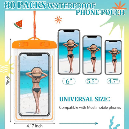 Abbylike 80 Pcs Universal Waterproof Phone Pouch Multicolor Waterproof Phone Case Dry Bag with Lanyard Glow in The Dark Outdoor Swimming Snorkeling Bag Beach Travel Must Haves for Smartphone up to 7''