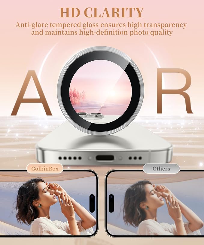 GolbinBox Camera Lens Protector for iPhone 15 Pro/15 Pro Max, 1:1 Invisible Fit, 9H Tempered Glass Ultra HD Metal Individual Camera Cover, Case Friendly, Silver