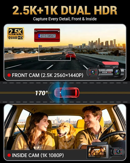 2.5K+1080P Dual Dash Cam Front and Inside, WiFi & GPS Dash Camera for Cars with 32G Card, IR Night Vision, 3" IPS Screen, Inside Car Camera for Taxi Driver, Support 256GB Max, App Control