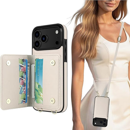 LOHASIC for iPhone 17 Pro Case Wallet with Detachable Crossbody Strap & Wrist Lanyard, RFID Blocking, 4 Card Slots 2 Cash Pockets, Leather Case with Card Holder for Women Girls, Ivory White