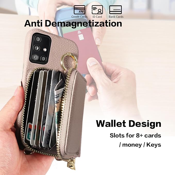 Wallet Case for Samsung Galaxy A51 5G/A 51 5G UW Verizon & Shoulder Strap Ring Buckle PU Leather Zipper Flip Organ Purse Credit Card Holder Stand Full Body Cell Phone Cover for 51A G5 S51 Khaki