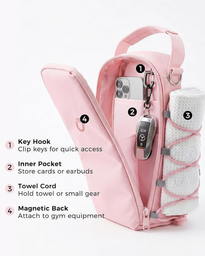 GLORIEROO Magnetic Gym Bag for Women - Water Bottle Holder Bag Carrier - Gym Workout Accessories Essentials Gifts for Women | 4 Built-in Magnets, Touchscreen Pocket, Fits 40oz Tumbler, Shoulder Strap