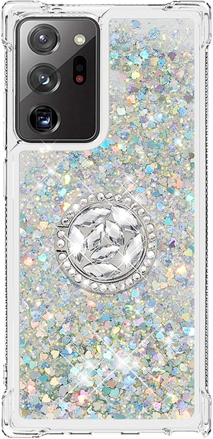 Liquid Phone Case for Galaxy Note 20 Ultra with Ring Stand, Bumper Case Bling Waterfall Liquid Case Resistant Silicone Back Case Glitter Protective Cover Compatible with Samsung Galaxy Note 20 Ultra