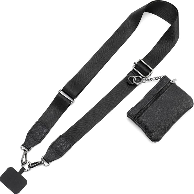 Diaclara Clip and Go Phone Strap with Zipper Pouch- Portable Stylish Crossbody Adjustable Lanyard with Wallet for All Phones, Black