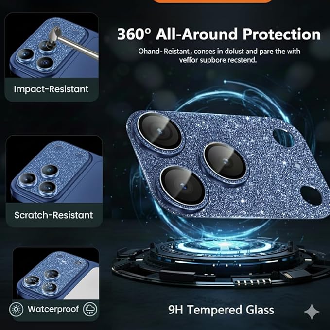 Glitter Bling Ring Camera Lens Protector cover for iPhone 17 Pro Max Women, 9H Hardness Tempered Glass Lens Protector, Anti-Scratch, Cosmic Orange (blue)