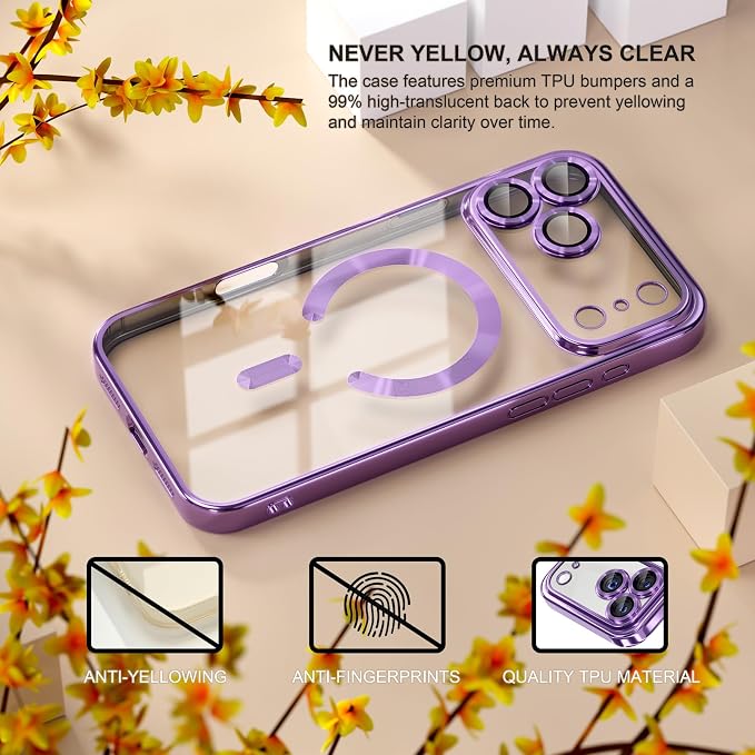 Misea Magnetic for iPhone 17 Pro Case Compatible with MagSafe [Never Yellowing] [Military Grade Drop Protection] Full Camera Lens Protector Plating Soft Clear Phone Case for Women, Lavender Purple