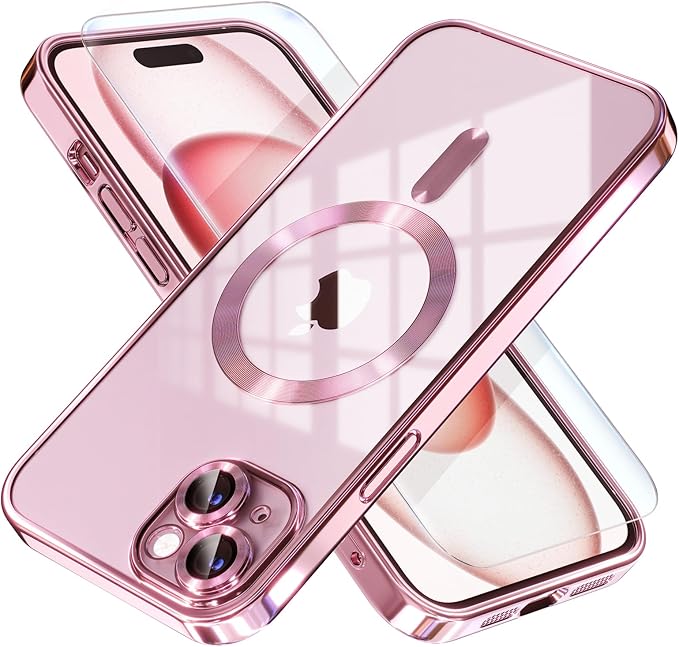 Misea Magnetic for iPhone 15 Plus Case Compatible with MagSafe [Never Yellowing] [Military Grade Drop Protection] Full Camera Lens Protector Plating Soft Clear Phone Case for Women, Pink